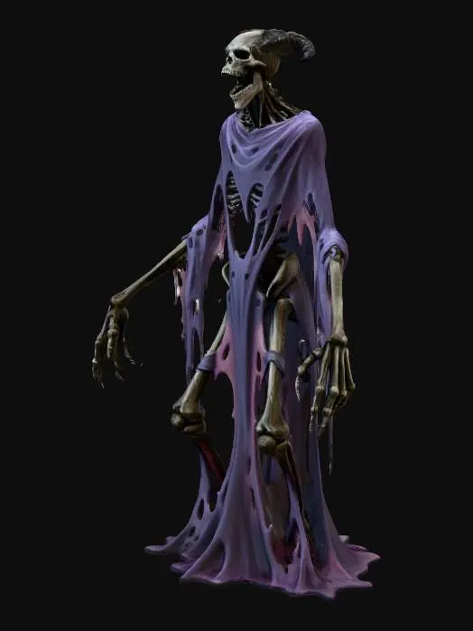 3D model for An ancient, skeletal demon, its long, emaciated limbs draped in tattered, spectral robes of dark purple that barely cling to its bone. Its head is a gnarled skull with empty, shadowed eye sockets, eternally locked in a silent scream. It presides over a desolate, warped city where buildings are impossibly twisted, made of solidified despair, under a sky bleeding orange and black.