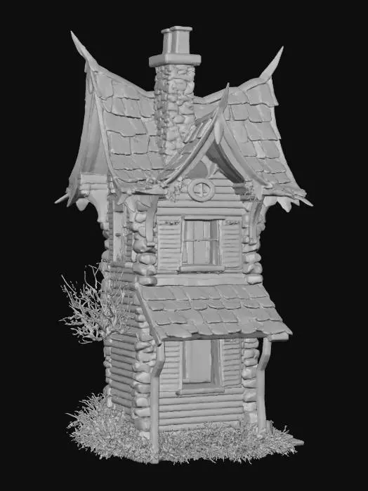 3D model for #Halloween2025#, A crooked, rundown witch’s house sitting alone, made of warped wood and mismatched stone, with a sagging roof, broken shingles, and crooked chimney. Windows are cracked and uneven, shutters hanging by one hinge. A bent weather vane shaped like a cat sits on top. The door is half open and creaky, with faded runes scratched into the frame. Moss and vines crawl up the sides, and one corner of the house leans dangerously. The design should look eerie but silly, like a bad DIY magic project — whimsical, ugly, and full of odd details. Only the house — no background or scenery.