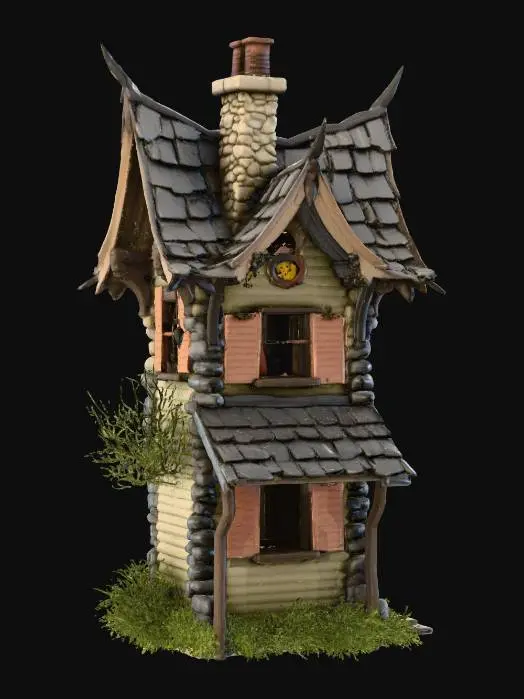 3D model for #Halloween2025#, A crooked, rundown witch’s house sitting alone, made of warped wood and mismatched stone, with a sagging roof, broken shingles, and crooked chimney. Windows are cracked and uneven, shutters hanging by one hinge. A bent weather vane shaped like a cat sits on top. The door is half open and creaky, with faded runes scratched into the frame. Moss and vines crawl up the sides, and one corner of the house leans dangerously. The design should look eerie but silly, like a bad DIY magic project — whimsical, ugly, and full of odd details. Only the house — no background or scenery.