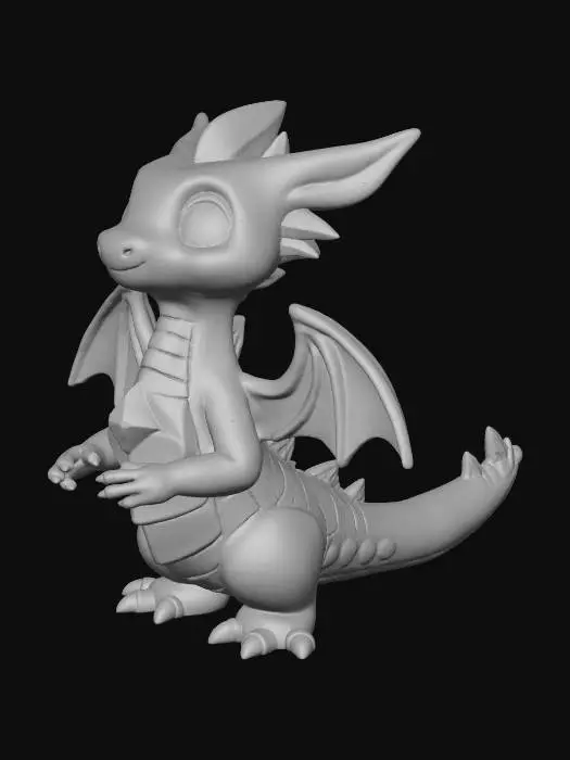 3D model for Generate a stylized low-poly baby dragon for 3D printing. The model must use flat polygonal surfaces with visible angular geometry and sharp edges. Avoid smooth curves and organic details. Limit the total face count to under 1,500. The dragon should have a blocky silhouette, triangular wings, and a faceted gemstone embedded in its chest. Keep the pose simple and symmetrical, suitable for support-free printing.