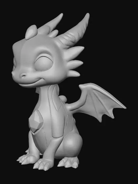 3D model for Create a stylized low-poly baby dragon designed for 3D printing. The dragon should have a chunky, angular silhouette with exaggerated features: large triangular eyes, blocky wings, and a curled tail. Use clean geometry with minimal overhangs and sharp edges. The dragon should sit upright with folded wings and a faceted gemstone embedded in its chest. Keep the polygon count under 1,500 faces. The style should evoke mystical charm and collectible appeal, suitable for support-free printing.