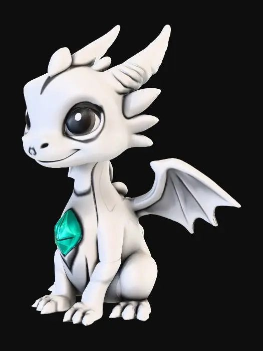 3D model for Create a stylized low-poly baby dragon designed for 3D printing. The dragon should have a chunky, angular silhouette with exaggerated features: large triangular eyes, blocky wings, and a curled tail. Use clean geometry with minimal overhangs and sharp edges. The dragon should sit upright with folded wings and a faceted gemstone embedded in its chest. Keep the polygon count under 1,500 faces. The style should evoke mystical charm and collectible appeal, suitable for support-free printing.