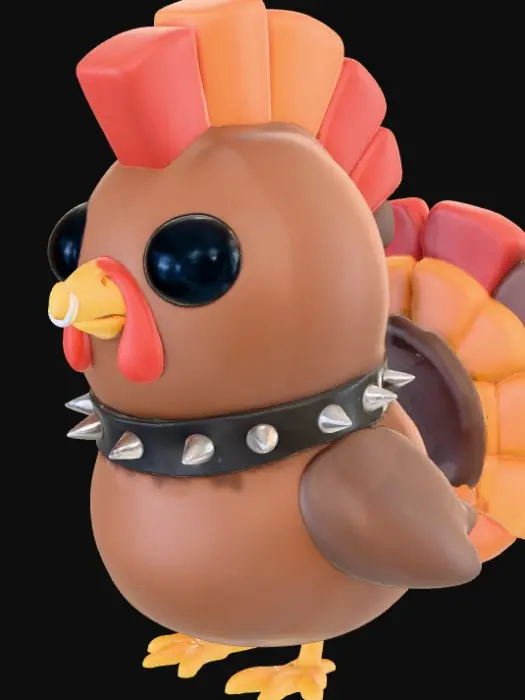 3D model for Create a stylized chibi turkey model with a large, rounded head and plump body. The turkey should have oversized glossy eyes, a small triangular beak, and a smooth teardrop-shaped wattle. Include short, stubby wings tucked close to the body and three-toed feet positioned beneath it. The tail should resemble a turkey tail arranged in a semi-circle, smoothly attached to a central base on the back. make a mohawk on top of the head grouped in 3 or 4 sections. Add a nose ring to the top beak. and a dog collar around its neck with spikes on the colar — keep them clean and printable. The overall style should be soft, cartoonish, and optimized for 3D printing with minimal overhangs. Use clear separation between body parts for easy modular slicing.