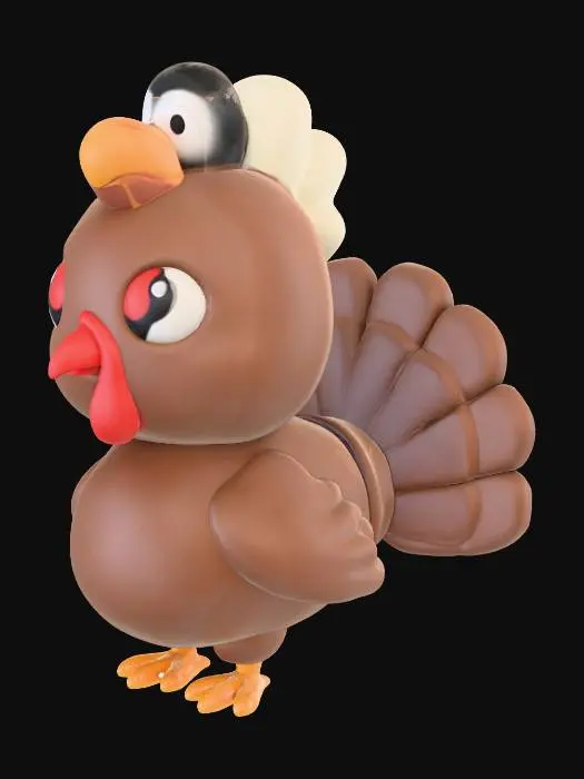 3D model for Create a stylized chibi turkey model with a large, rounded head and plump body. The turkey should have oversized glossy eyes, a small triangular beak, and a smooth teardrop-shaped wattle. Include short, stubby wings tucked close to the body and three-toed feet positioned beneath it. The tail should resemble a turkey tail arranged in a semi-circle, smoothly attached to a central base on the back. make a mohawk on top of the head grouped in 3 or 4 sections  — keep them clean and printable. The overall style should be soft, cartoonish, and optimized for 3D printing with minimal overhangs. Use clear separation between body parts for easy modular slicing.