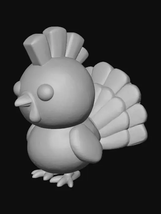 3D model for Create a stylized chibi turkey model with a large, rounded head and plump body. The turkey should have oversized glossy eyes, a small triangular beak, and a smooth teardrop-shaped wattle. Include short, stubby wings tucked close to the body and three-toed feet positioned beneath it. The tail should resemble a turkey tail arranged in a semi-circle, smoothly attached to a central base on the back. make a mohawk on top of the head grouped in 3 or 4 sections  — keep them clean and printable. The overall style should be soft, cartoonish, and optimized for 3D printing with minimal overhangs. Use clear separation between body parts for easy modular slicing.