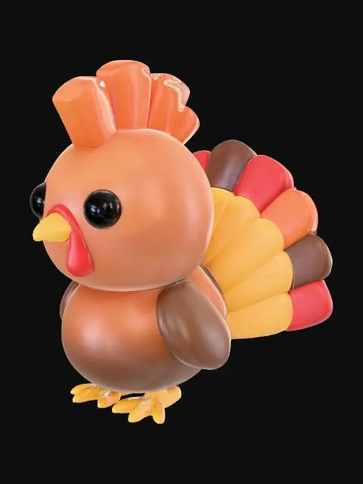 3D model for Create a stylized chibi turkey model with a large, rounded head and plump body. The turkey should have oversized glossy eyes, a small triangular beak, and a smooth teardrop-shaped wattle. Include short, stubby wings tucked close to the body and three-toed feet positioned beneath it. The tail should resemble a turkey tail arranged in a semi-circle, smoothly attached to a central base on the back. make a mohawk on top of the head grouped in 3 or 4 sections  — keep them clean and printable. The overall style should be soft, cartoonish, and optimized for 3D printing with minimal overhangs. Use clear separation between body parts for easy modular slicing.