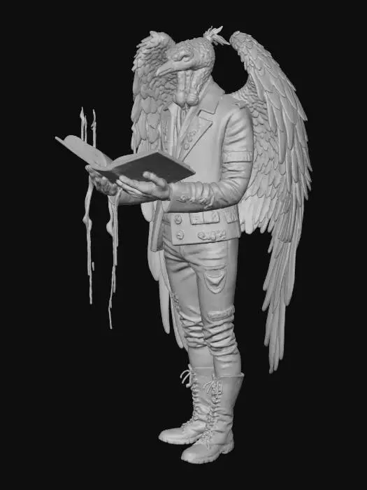 3D model for A creepy emo-punk turkey necromancer standing in a dark ritual circle. The turkey has a spiked leather jacket, glowing neon rune tattoos under the feathers, a pierced beak on the upper side, and black eyeliner streaks. Its wings are spread like it’s summoning something, with floating candles around it dripping black wax. Steam vents push out of gaps in the feathers. A massive ancient spellbook floats open in front of it, with pages turning from ghost wind. The ground is cracked stone with faint red glow. Cinematic lighting, emo/punk shadows, dramatic fog, ultra detailed textures, ShadowsForged3D vibe.