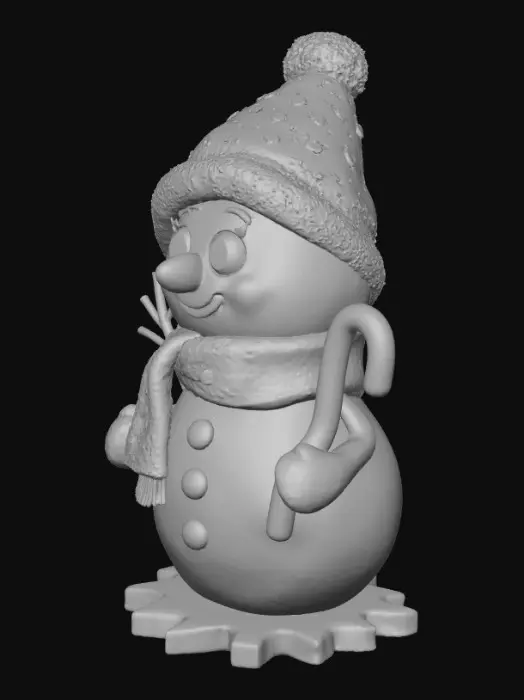 3D model for #Christmas2025#, A cheerful chibi snowman ornament in Pixar style, with a round body, big friendly eyes, and a soft orange carrot nose. The snowman wears a cozy red scarf and holds a cute candy cane. Add subtle snow sparkle texture and soft ambient lighting. A small snowflake-shaped base supports the figure. Ornament loop on top of the head, integrated smoothly. Keep the design clean, cute, and perfect for 3D printing. No text, no watermark, totally original.