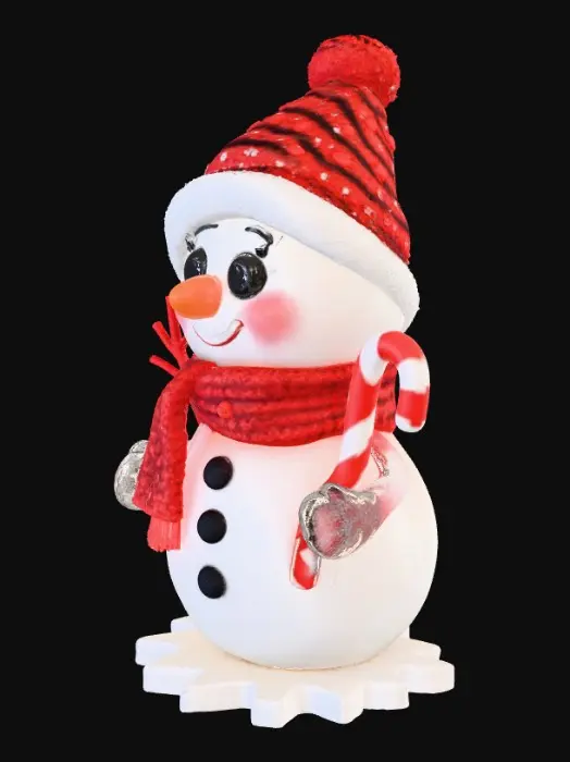 3D model for #Christmas2025#, A cheerful chibi snowman ornament in Pixar style, with a round body, big friendly eyes, and a soft orange carrot nose. The snowman wears a cozy red scarf and holds a cute candy cane. Add subtle snow sparkle texture and soft ambient lighting. A small snowflake-shaped base supports the figure. Ornament loop on top of the head, integrated smoothly. Keep the design clean, cute, and perfect for 3D printing. No text, no watermark, totally original.