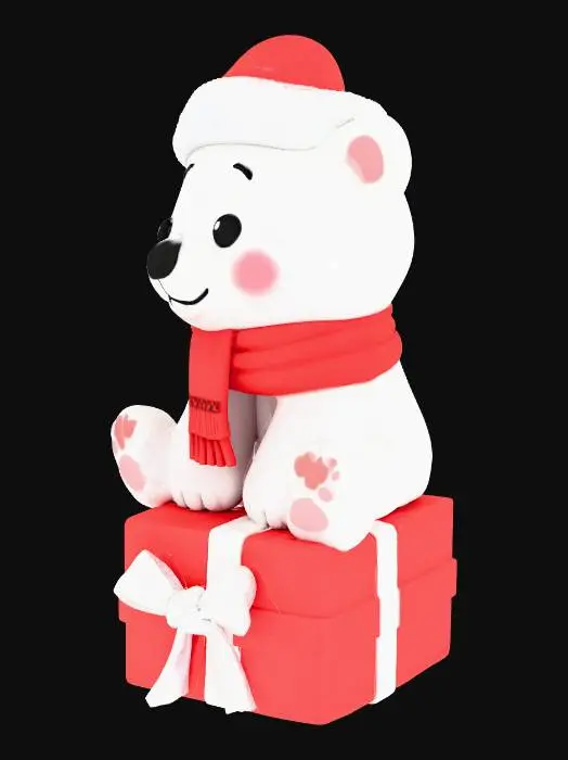 3D model for Cute chibi polar bear sitting on a square Christmas present as a 3D character model, Pixar style, big round head, tiny body, short legs hanging over the front of the gift box. Bear wears a Santa hat and a thick scarf. Present has a simple raised ribbon and bow on top. Flat bottom on the present for 3D printing, no extreme overhangs, details slightly exaggerated and chunky so it prints well as a small figurine, single solid piece, smooth surfaces, minimal thin parts.