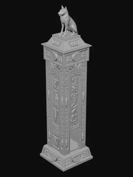 3D model for A tabletop Egyptian-themed dice tower designed for 3D printing. The tower is tall and rectangular with a stable flat base, inspired by ancient stone temples and obelisks. Carved hieroglyphic patterns and Egyptian symbols decorate the sides, with recessed details suitable for clean 3D printing. At the top of the tower sits a regal Egyptian cat statue resembling Bastet, seated upright and facing forward, integrated as part of the structure, not a separate piece. A wide dice drop slot is placed below the cat statue at the top front. Inside the tower are solid angled ramps that cause dice to bounce naturally as they fall. At the bottom front is a wide dice exit opening leading to a shallow integrated dice tray. The model is solid, symmetrical, support-free, with thick walls, no thin parts, no