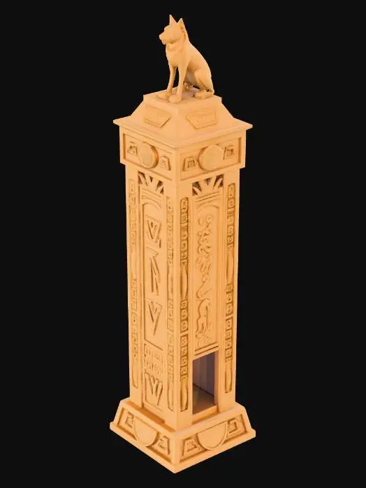 3D model for A tabletop Egyptian-themed dice tower designed for 3D printing. The tower is tall and rectangular with a stable flat base, inspired by ancient stone temples and obelisks. Carved hieroglyphic patterns and Egyptian symbols decorate the sides, with recessed details suitable for clean 3D printing. At the top of the tower sits a regal Egyptian cat statue resembling Bastet, seated upright and facing forward, integrated as part of the structure, not a separate piece. A wide dice drop slot is placed below the cat statue at the top front. Inside the tower are solid angled ramps that cause dice to bounce naturally as they fall. At the bottom front is a wide dice exit opening leading to a shallow integrated dice tray. The model is solid, symmetrical, support-free, with thick walls, no thin parts, no