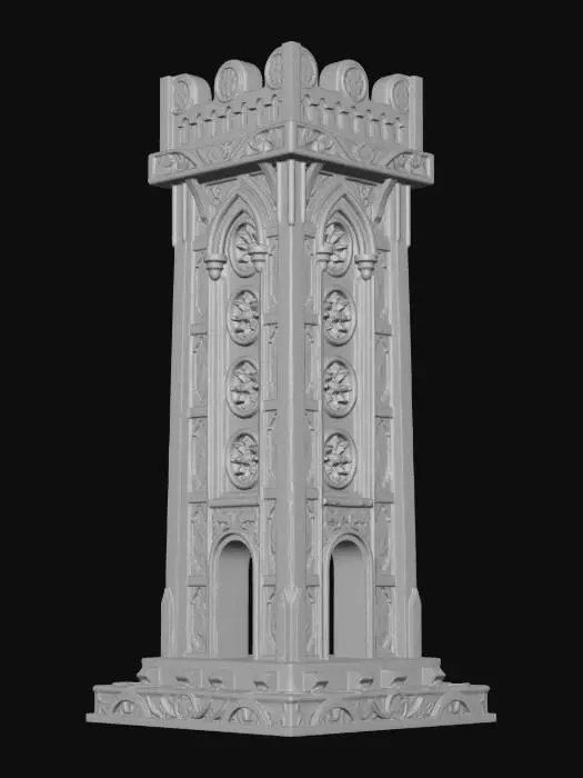 3D model for A tabletop fantasy dice tower for Dungeons & Dragons.
Tall gothic stone tower with a rectangular base.
Dice drop slot at the top front.
Internal angled ramps for dice bouncing.
Wide dice exit opening at the bottom front.
Flat bottom base, stable and symmetrical.
Solid geometry, no thin parts, no overhangs.
Designed for 3D printing, no supports needed.
Single-piece printable model.