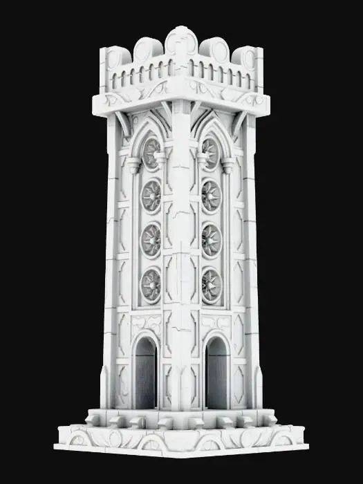 3D model for A tabletop fantasy dice tower for Dungeons & Dragons.
Tall gothic stone tower with a rectangular base.
Dice drop slot at the top front.
Internal angled ramps for dice bouncing.
Wide dice exit opening at the bottom front.
Flat bottom base, stable and symmetrical.
Solid geometry, no thin parts, no overhangs.
Designed for 3D printing, no supports needed.
Single-piece printable model.