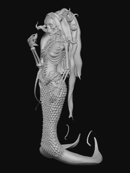 3D model for A haunting female siren fused with a skeletal mermaid upper body emerging from dark abyssal waves (simple wavy base for stability). Pale cracked porcelain-like skin with deep black voids leaking ethereal purple mist, long flowing hair of inky tentacles and glowing bioluminescent strands, empty glowing eye sockets with tiny star-like pupils, sharp jagged teeth in a seductive yet terrifying grin, wearing remnants of a torn gothic veil that fades into shadows. Holding a cracked hourglass dripping liquid darkness. Pure dark fantasy horror-cute hybrid—mysterious, alluring, and impossible to ignore. Clickbait energy: "You NEED this siren skull on your shelf... one look and you're hooked forever!"