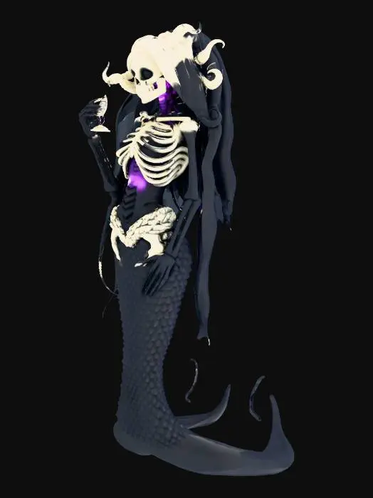 3D model for A haunting female siren fused with a skeletal mermaid upper body emerging from dark abyssal waves (simple wavy base for stability). Pale cracked porcelain-like skin with deep black voids leaking ethereal purple mist, long flowing hair of inky tentacles and glowing bioluminescent strands, empty glowing eye sockets with tiny star-like pupils, sharp jagged teeth in a seductive yet terrifying grin, wearing remnants of a torn gothic veil that fades into shadows. Holding a cracked hourglass dripping liquid darkness. Pure dark fantasy horror-cute hybrid—mysterious, alluring, and impossible to ignore. Clickbait energy: "You NEED this siren skull on your shelf... one look and you're hooked forever!"