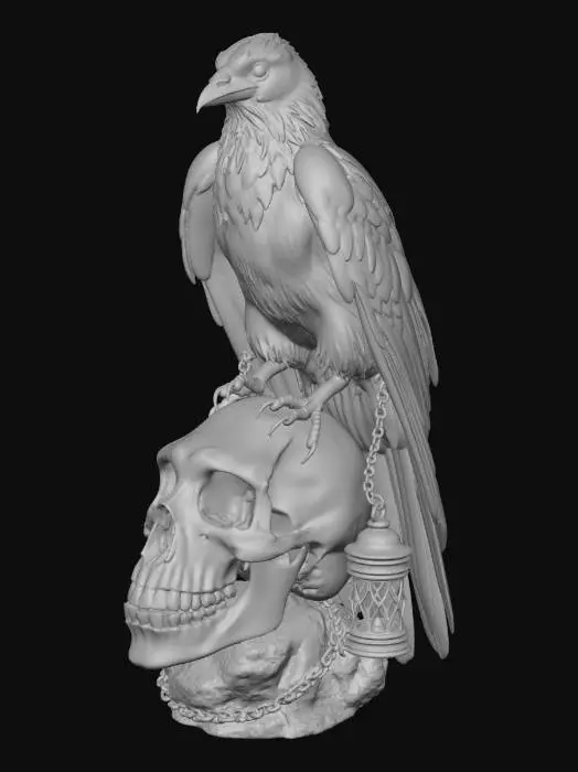 3D model for A sleek, gothic corvid perched on a cracked obsidian skull base. Jet-black feathers with subtle iridescent purple-blue void cracks glowing faintly from within, piercing crimson eyes, a tattered shadowy cloak made of swirling smoke tendrils wrapping the body, tiny chained lantern dangling from one talon emitting a dim, cursed light. The expression is sly and knowing—half-curious, half-menacing—like it's whispering forbidden secrets. Super dark atmosphere, perfect for Halloween shelves or late-night display. Clickbait energy: "This creepy crow will haunt your desk... and you won't want to delete the file!"
