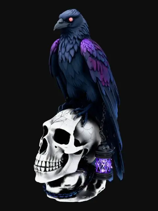 3D model for A sleek, gothic corvid perched on a cracked obsidian skull base. Jet-black feathers with subtle iridescent purple-blue void cracks glowing faintly from within, piercing crimson eyes, a tattered shadowy cloak made of swirling smoke tendrils wrapping the body, tiny chained lantern dangling from one talon emitting a dim, cursed light. The expression is sly and knowing—half-curious, half-menacing—like it's whispering forbidden secrets. Super dark atmosphere, perfect for Halloween shelves or late-night display. Clickbait energy: "This creepy crow will haunt your desk... and you won't want to delete the file!"