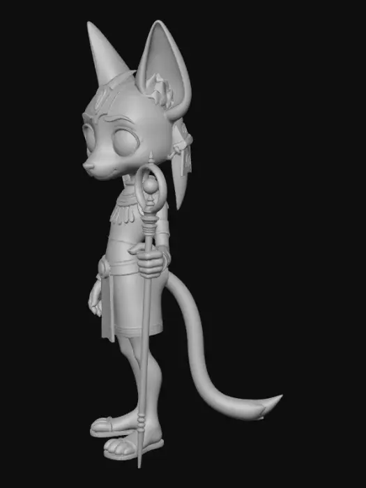 3D model for “A stylized Pixar‑style Anubis standing tall in a regal Egyptian palace hall, jackal‑headed with smooth, expressive features and large, readable eyes. Sleek black fur with subtle gold reflections. Wearing a clean, modular gold-and-lapis collar, arm bands, and a segmented belt that can be separated for 3D printing. Holding the upper part of an ankh in one hand and a tall staff topped with a coiled snake in the other. Strong, iconic silhouette with broad shoulders, tapered waist, and digitigrade legs. Soft, warm palace lighting with long shadows. No cape, no flowing cloth. Clear full‑body view, centered, with unobstructed limbs for easy modeling. Pixar‑friendly proportions, heroic but approachable, with a calm, wise expression.”