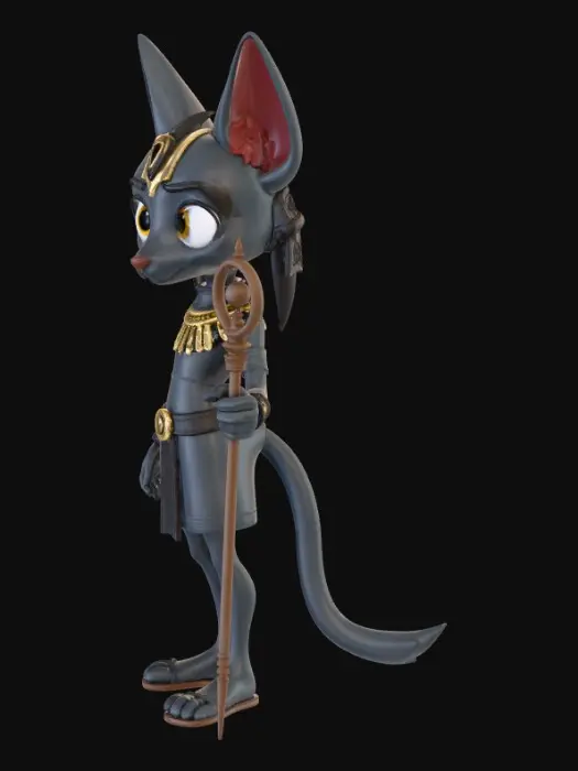 3D model for “A stylized Pixar‑style Anubis standing tall in a regal Egyptian palace hall, jackal‑headed with smooth, expressive features and large, readable eyes. Sleek black fur with subtle gold reflections. Wearing a clean, modular gold-and-lapis collar, arm bands, and a segmented belt that can be separated for 3D printing. Holding the upper part of an ankh in one hand and a tall staff topped with a coiled snake in the other. Strong, iconic silhouette with broad shoulders, tapered waist, and digitigrade legs. Soft, warm palace lighting with long shadows. No cape, no flowing cloth. Clear full‑body view, centered, with unobstructed limbs for easy modeling. Pixar‑friendly proportions, heroic but approachable, with a calm, wise expression.”