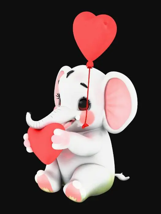 3D model for Cute chibi baby elephant sitting on a small patch of grass, holding a heart in its front legs and a heart-shaped balloon with its trunk. Big glossy eyes, round cheeks, tiny tusks, soft cartoon style, Valentine theme. Smooth clay-like texture, pastel but slightly saturated colors (pink ears, soft gray body, red hearts). Simple shapes, minimal tiny details, designed for 3D printing. Centered pose, symmetrical, full body visible. Soft studio lighting, no background, no text, no extra props. Toy-like proportions, Pixar-style cuteness, optimized for a single-piece figurine.