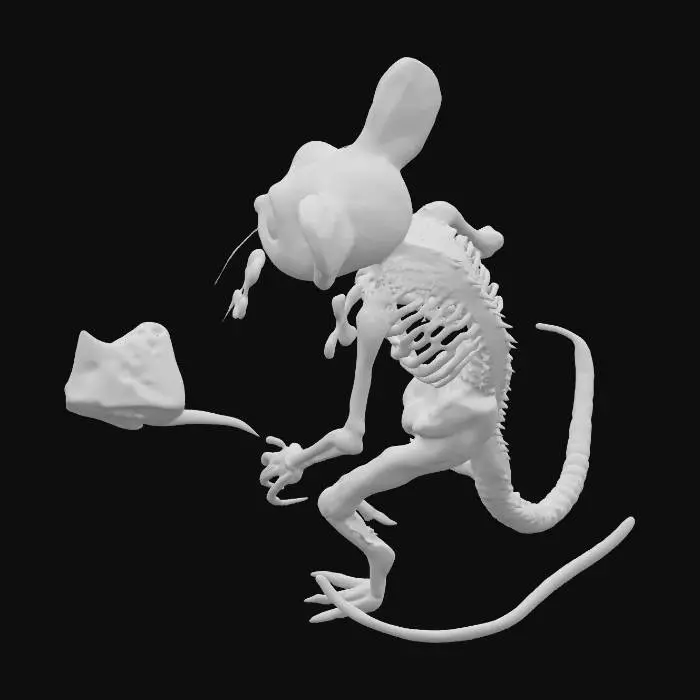 3D model for Skivver
	•	Style: Half-melted rat kid with patchy fur and skeletal limbs
	•	Accessory: Glowing cheese wedge (haunted)
	•	Sigil: X-bone sigil on shoulder
	•	Vibe: Scrappy and doomed
