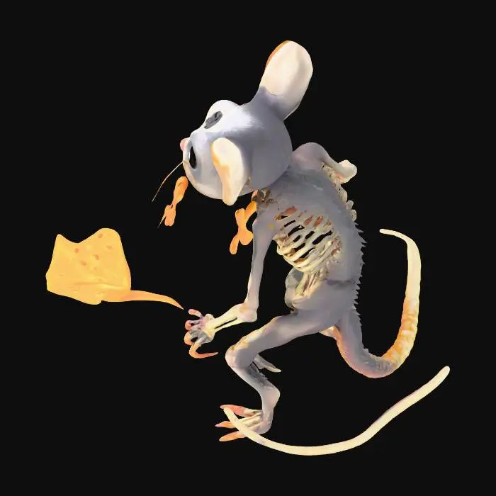 3D model for Skivver
	•	Style: Half-melted rat kid with patchy fur and skeletal limbs
	•	Accessory: Glowing cheese wedge (haunted)
	•	Sigil: X-bone sigil on shoulder
	•	Vibe: Scrappy and doomed
