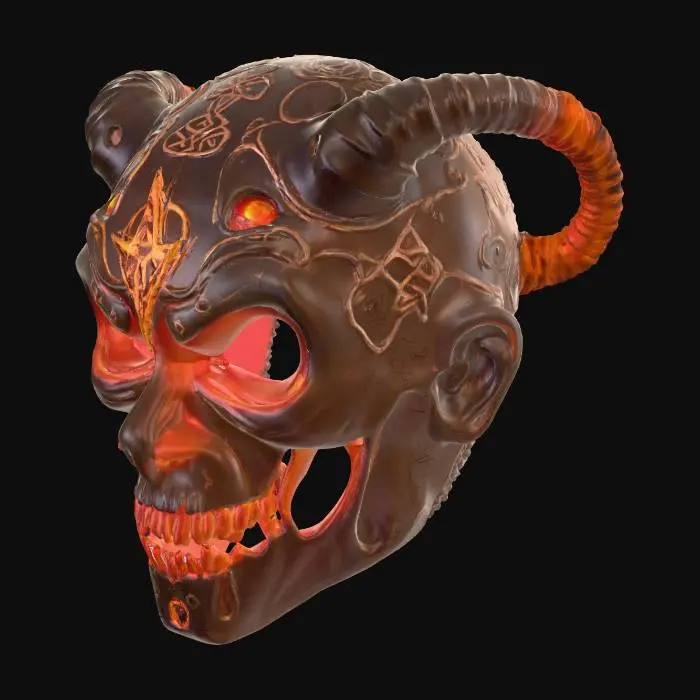 3D model for A demonic Halloween mask with smooth face surface carved with deep glowing runes and symbols. One half of the mask looks melted and warped, the other half smooth and symmetrical. A glowing sigil symbol is engraved on the forehead. Sharp cheekbones, hollow eyes, and open nostrils for breathing. Dark, cursed aesthetic, optimized for 3D printing, solid model.

