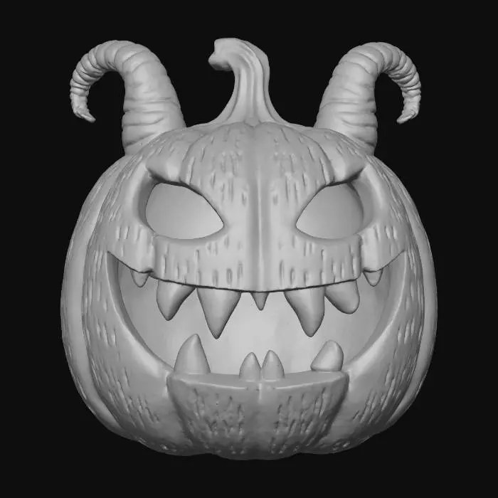 3D model for #Halloween2025#, 

Sculpt a small pumpkin creature head sized to sit atop a curved keycap. Give it a classic jack-o-lantern grin with deep carved grooves and slightly glowing eyes. Add two short, curved horns emerging from the upper sides of the head. The pumpkin surface should have subtle cracks and rough texture, like aged wood. Keep the underside flat to merge seamlessly with the keycap curve. Stylize with a bold, ShadowsForged look—gritty, mischievous, and slightly evil., #Halloween2025#