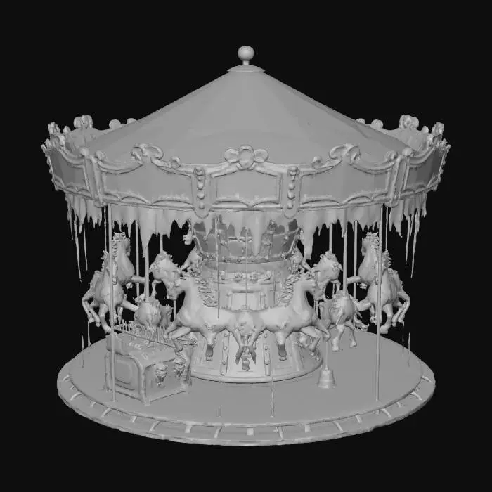 3D model for An abandoned, cursed carousel, its once vibrant animals now decaying and twisted into grotesque, dark forms, painted with faded purple and black. The calliope is silent, but a lone, broken horse slowly bobs up and down on its rusty pole, illuminated by an eerie, flickering orange light from a broken lantern hanging nearby in the deep night.