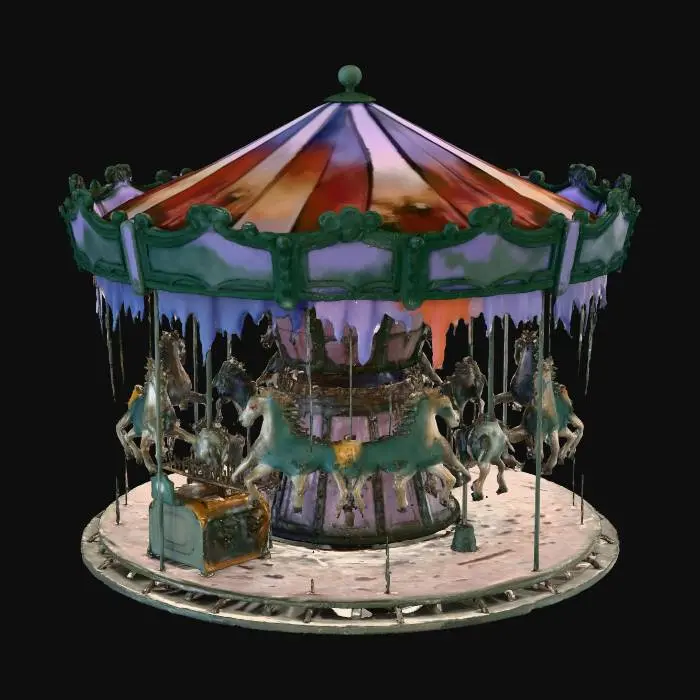 3D model for An abandoned, cursed carousel, its once vibrant animals now decaying and twisted into grotesque, dark forms, painted with faded purple and black. The calliope is silent, but a lone, broken horse slowly bobs up and down on its rusty pole, illuminated by an eerie, flickering orange light from a broken lantern hanging nearby in the deep night.