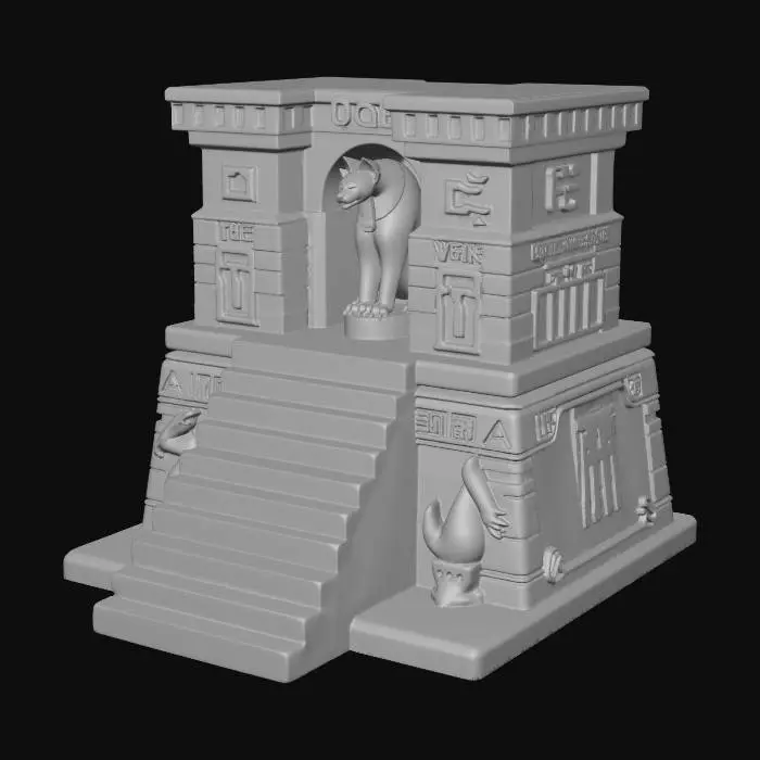 3D model for A one-of-a-kind Egyptian-themed dice tower designed as an open stone staircase for 3D printing. The structure resembles an ancient temple stairway with visible steps that guide dice downward one stair at a time. The staircase begins at a wide dice entry at the top beneath a seated Egyptian cat statue inspired by Bastet, watching over the descent. Each stair is thick, evenly spaced, and slightly angled to slow dice movement and create a controlled roll. The sides of the tower feature carved hieroglyphs and subtle Egyptian symbols recessed into the stone. The staircase leads into a shallow integrated dice tray with raised edges at the bottom. The model is solid, symmetrical, support-free, with thick walls, no thin parts, no extreme overhangs, and optimized for a single-piece FDM 3D print.