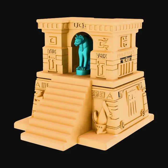 3D model for A one-of-a-kind Egyptian-themed dice tower designed as an open stone staircase for 3D printing. The structure resembles an ancient temple stairway with visible steps that guide dice downward one stair at a time. The staircase begins at a wide dice entry at the top beneath a seated Egyptian cat statue inspired by Bastet, watching over the descent. Each stair is thick, evenly spaced, and slightly angled to slow dice movement and create a controlled roll. The sides of the tower feature carved hieroglyphs and subtle Egyptian symbols recessed into the stone. The staircase leads into a shallow integrated dice tray with raised edges at the bottom. The model is solid, symmetrical, support-free, with thick walls, no thin parts, no extreme overhangs, and optimized for a single-piece FDM 3D print.