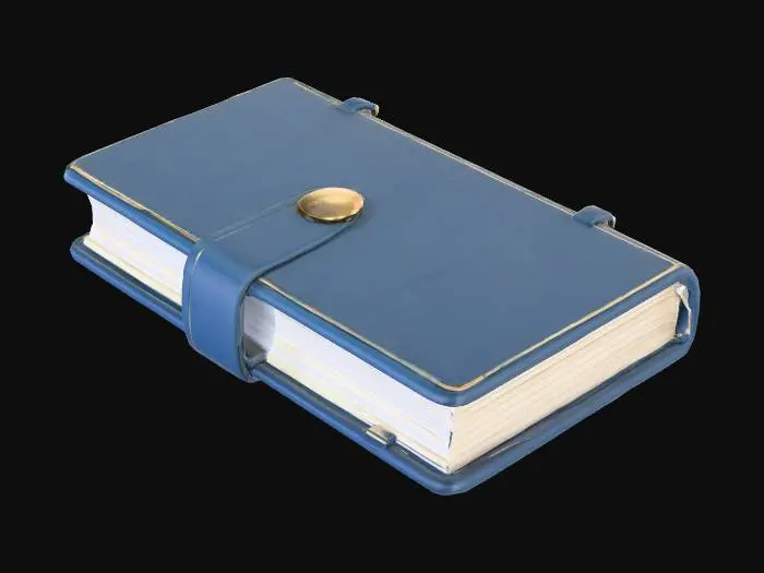 3D model for A cartoon-like model of a contemporary diary, rendered in a cheerful, vibrant blue, presents a soft-edged, rectangular form. Its closed cover, with a subtle, smooth texture, is securely fastened by a polished, golden brass buckle, giving a sense of satisfying closure. The diary's pages are neatly tucked within, creating a slightly swollen profile. The overall appearance is simplistic and inviting, with a clean, unblemished surface that suggests a new, untouched quality, ready for stories.