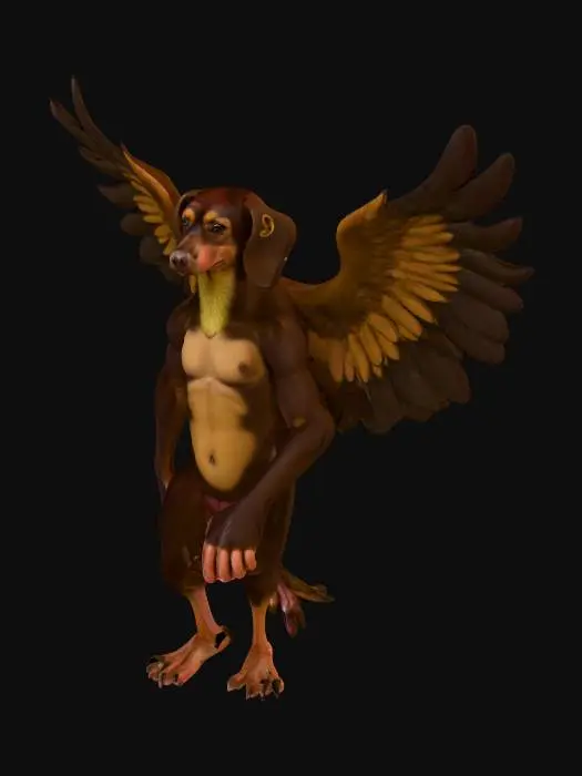 3D model for this is a creature, with big chicken legs, wings of eagle, body of muscle man, hands of monkey, head of dachsund.