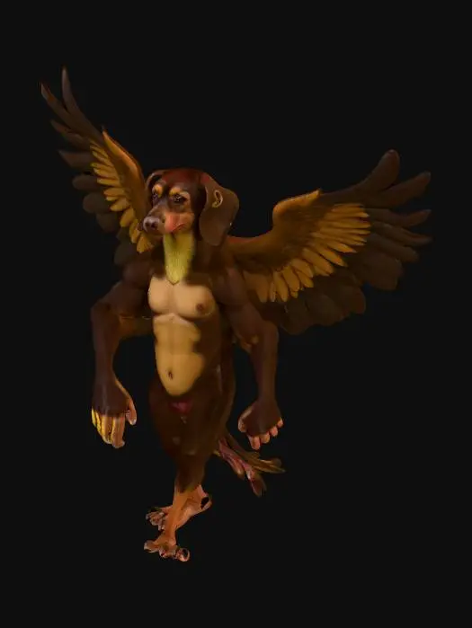 3D model for this is a creature, with big chicken legs, wings of eagle, body of muscle man, hands of monkey, head of dachsund.