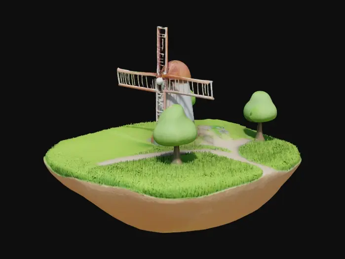 3D model for isla en el cielo con un molino de viento y áreas verdes y árboles al alrededor 