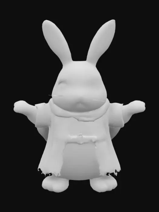 3D model for 귀엽고 멍청하게 생긴 토끼 캐릭터, 몽글몽글, 밝은, 만화 스타일, 중세옷, 판타지, 대칭, 정면, T포즈