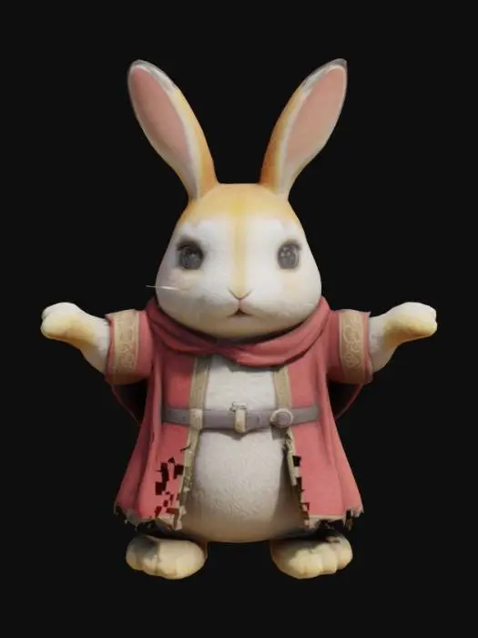 3D model for 귀엽고 멍청하게 생긴 토끼 캐릭터, 몽글몽글, 밝은, 만화 스타일, 중세옷, 판타지, 대칭, 정면, T포즈