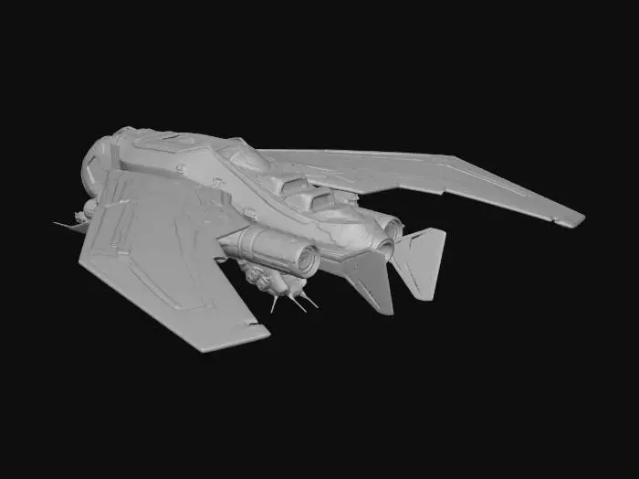3D model for Asymmetrical alien‑industrial gunship with a twisted winged silhouette. A 50/50 blend of mechanical and organic design. Stealth‑oriented with mostly hidden weapons. Organic growths concentrated heavily on one flank, merging into rusted, worn metal plating. Exotic propulsion expressed as glowing organic vents and gill‑like openings. Extremely dense surface detail across both mechanical and organic regions. Organic textures include dark chitin, veiny red‑purple membranes, and claw‑like protrusions. Mechanical textures include corroded steel, oxidized panels, and exposed piping partially consumed by growth. Orthographic concept layout showing side, front, and top views on a neutral gray background. High clarity, sharp silhouettes, no dramatic lighting, focused on form readability.