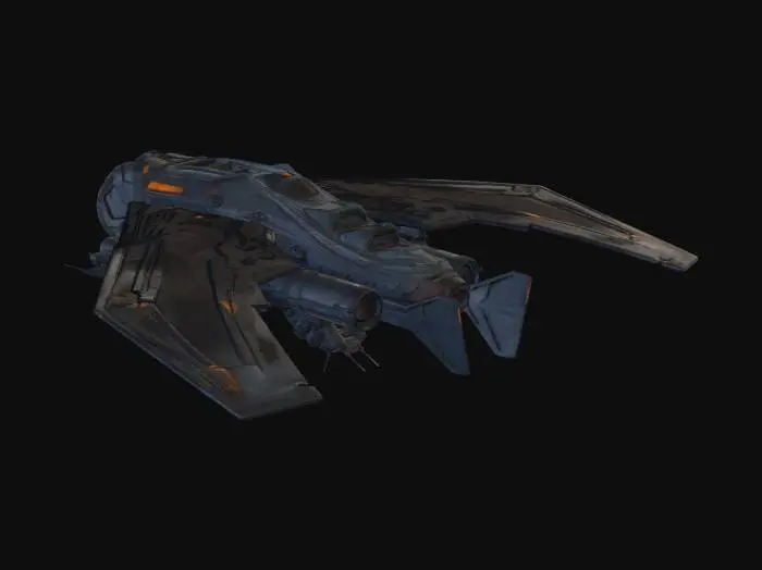 3D model for Asymmetrical alien‑industrial gunship with a twisted winged silhouette. A 50/50 blend of mechanical and organic design. Stealth‑oriented with mostly hidden weapons. Organic growths concentrated heavily on one flank, merging into rusted, worn metal plating. Exotic propulsion expressed as glowing organic vents and gill‑like openings. Extremely dense surface detail across both mechanical and organic regions. Organic textures include dark chitin, veiny red‑purple membranes, and claw‑like protrusions. Mechanical textures include corroded steel, oxidized panels, and exposed piping partially consumed by growth. Orthographic concept layout showing side, front, and top views on a neutral gray background. High clarity, sharp silhouettes, no dramatic lighting, focused on form readability.