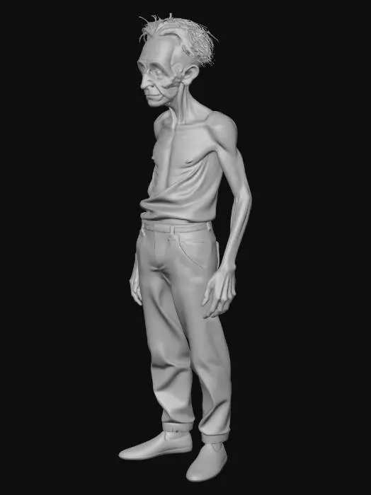 3D model for A skinny elderly man, gaunt face, pale skin with slight gray tone, long thin arms, slightly elongated fingers, small forward head tilt, messy gray hair, wearing old house clothes, empty emotionless expression, realistic style, mild uncanny valley, neutral T-pose, full body, game-ready 3D model