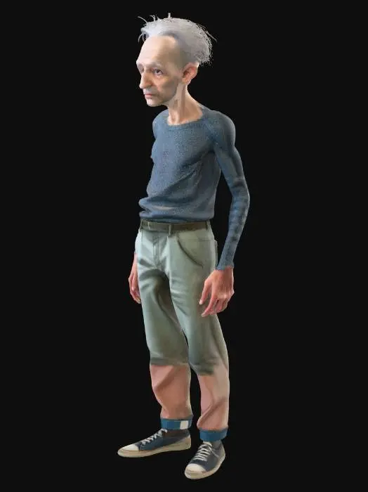 3D model for A skinny elderly man, gaunt face, pale skin with slight gray tone, long thin arms, slightly elongated fingers, small forward head tilt, messy gray hair, wearing old house clothes, empty emotionless expression, realistic style, mild uncanny valley, neutral T-pose, full body, game-ready 3D model