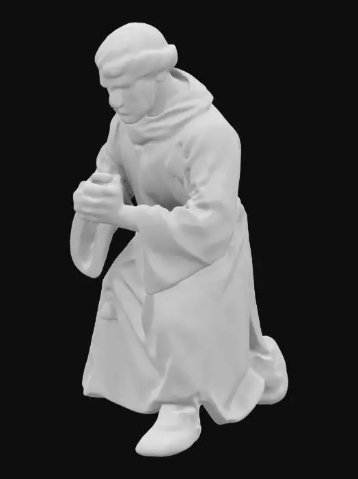 3D model for low poly Medieval priest from Europe from the 12th century.Priest: Trembling hands, cowering posture, wide-eyed, sitting on knee. “I’m just... so afraid.”
Wearing a pale face, frozen stance, clutching his rosary.
His leather shoes shuffle, hunched shoulders tell the story.