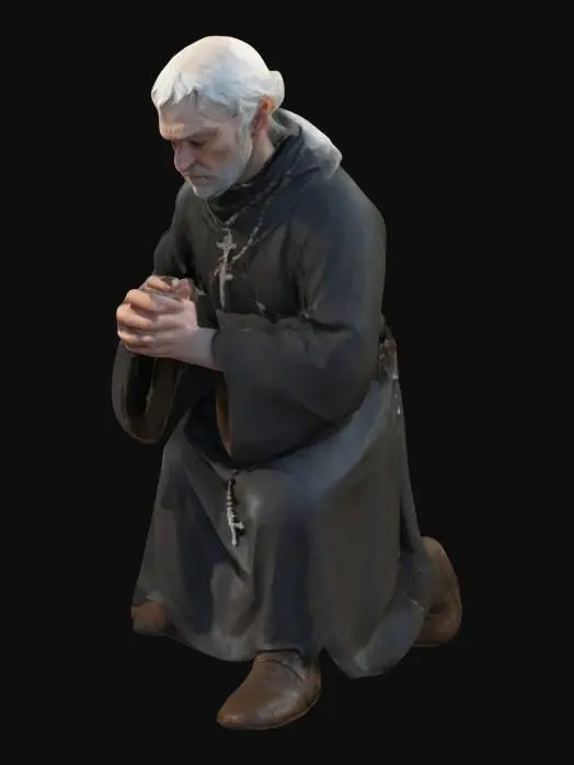 3D model for low poly Medieval priest from Europe from the 12th century.Priest: Trembling hands, cowering posture, wide-eyed, sitting on knee. “I’m just... so afraid.”
Wearing a pale face, frozen stance, clutching his rosary.
His leather shoes shuffle, hunched shoulders tell the story.