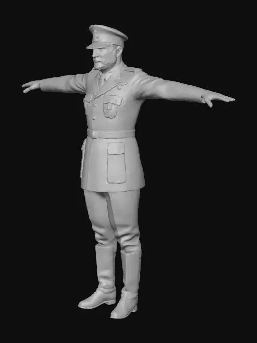 3D model for model of a mustafa kemal in a T-pose, wearing a dark green military uniform with a red belt and gold buttons. The outfit includes a peaked cap with red and gold trim, matching epaulets on the shoulders, and several medals and insignia on the chest. The man’s trousers are khaki, tucked neatly into tall brown leather boots. The neutral gray background and studio lighting emphasize the character model’s textures and proportions.