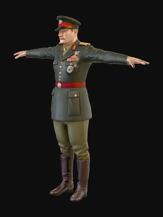 3D model for model of a mustafa kemal in a T-pose, wearing a dark green military uniform with a red belt and gold buttons. The outfit includes a peaked cap with red and gold trim, matching epaulets on the shoulders, and several medals and insignia on the chest. The man’s trousers are khaki, tucked neatly into tall brown leather boots. The neutral gray background and studio lighting emphasize the character model’s textures and proportions.