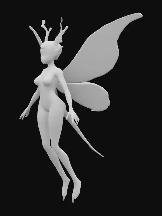 3D model for Design a fairy-like creature with butterfly wings and a slender body. Its skin should have a glowing aura, and the wings should feature intricate patterns resembling flower petals. Ensure the design is graceful, symmetrical, and optimized for animations like hovering and flying.she has long pointy nails, and has pointy teeth