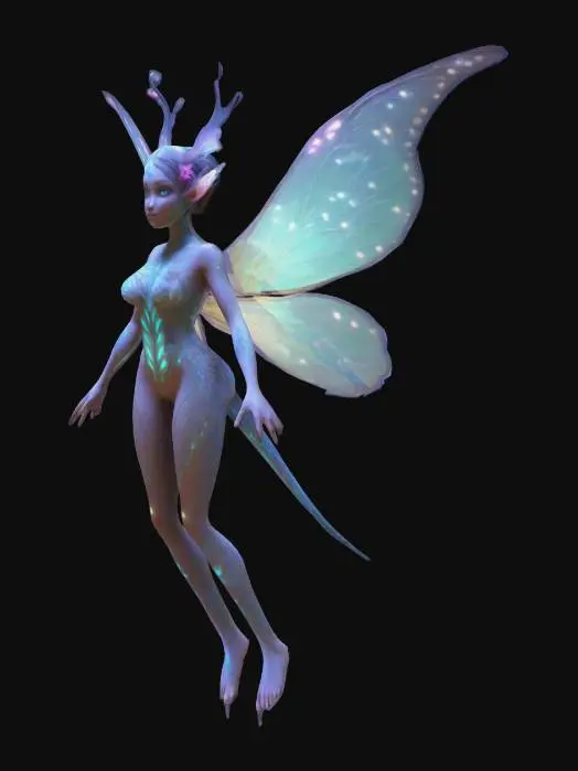 3D model for Design a fairy-like creature with butterfly wings and a slender body. Its skin should have a glowing aura, and the wings should feature intricate patterns resembling flower petals. Ensure the design is graceful, symmetrical, and optimized for animations like hovering and flying.she has long pointy nails, and has pointy teeth