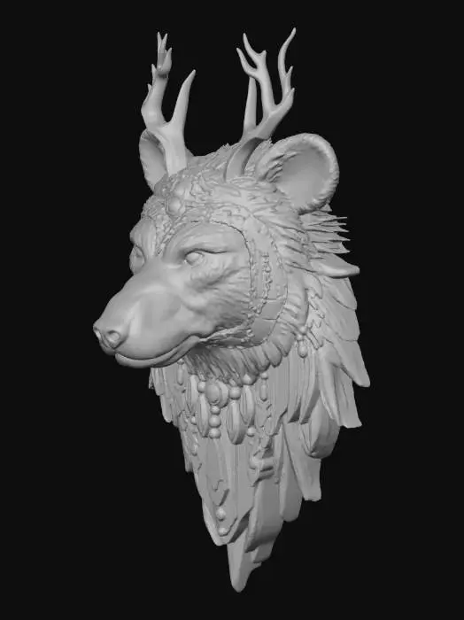 3D model for A shamanic ceremonial headdress in the form of a bear's head, highly detailed, intricate tribal patterns, feathers, beads, leather and fur textures, mystical aura, 3D game asset, polygonal style, fantasy, dark wood and bone materials, symmetrical.